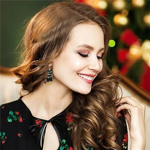 Handmade Halloween Black Cat Earring for Women Girls Lightweight Skeleton Cat Drop Earring Cute Bell Christmas Cats Dangle Earrings (Bell Christmas Cat)