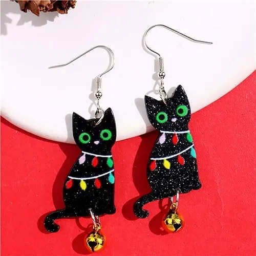 Handmade Halloween Black Cat Earring for Women Girls Lightweight Skeleton Cat Drop Earring Cute Bell Christmas Cats Dangle Earrings (Bell Christmas Cat)