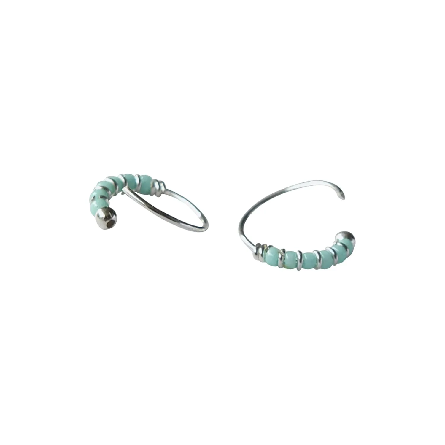 Handmade Silver Pair Small 10MM Cartilgae Helix Piercing Beaded Hoop Earrings, 925 Sterling Silver, Light Blue Color Beads Thin 22Gauge Hoops for women, By Miya Jewelry Creations (Light Blue)