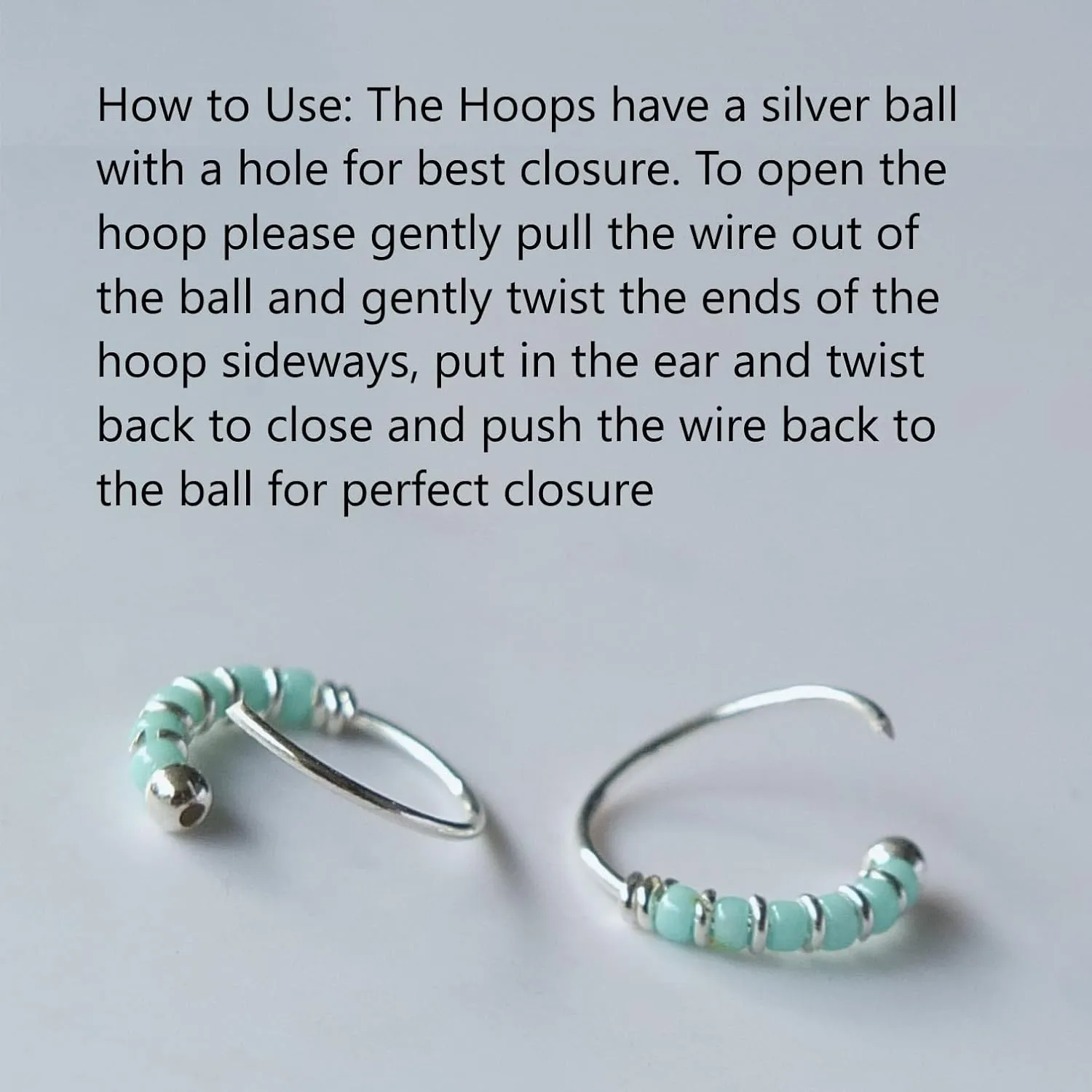 Handmade Silver Pair Small 10MM Cartilgae Helix Piercing Beaded Hoop Earrings, 925 Sterling Silver, Light Blue Color Beads Thin 22Gauge Hoops for women, By Miya Jewelry Creations (Light Blue)