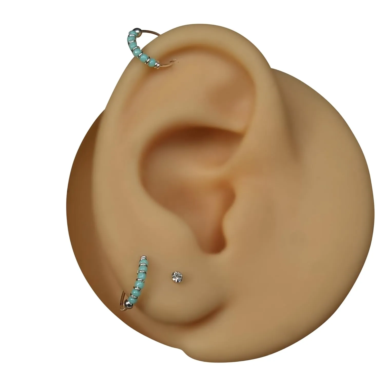 Handmade Silver Pair Small 10MM Cartilgae Helix Piercing Beaded Hoop Earrings, 925 Sterling Silver, Light Blue Color Beads Thin 22Gauge Hoops for women, By Miya Jewelry Creations (Light Blue)
