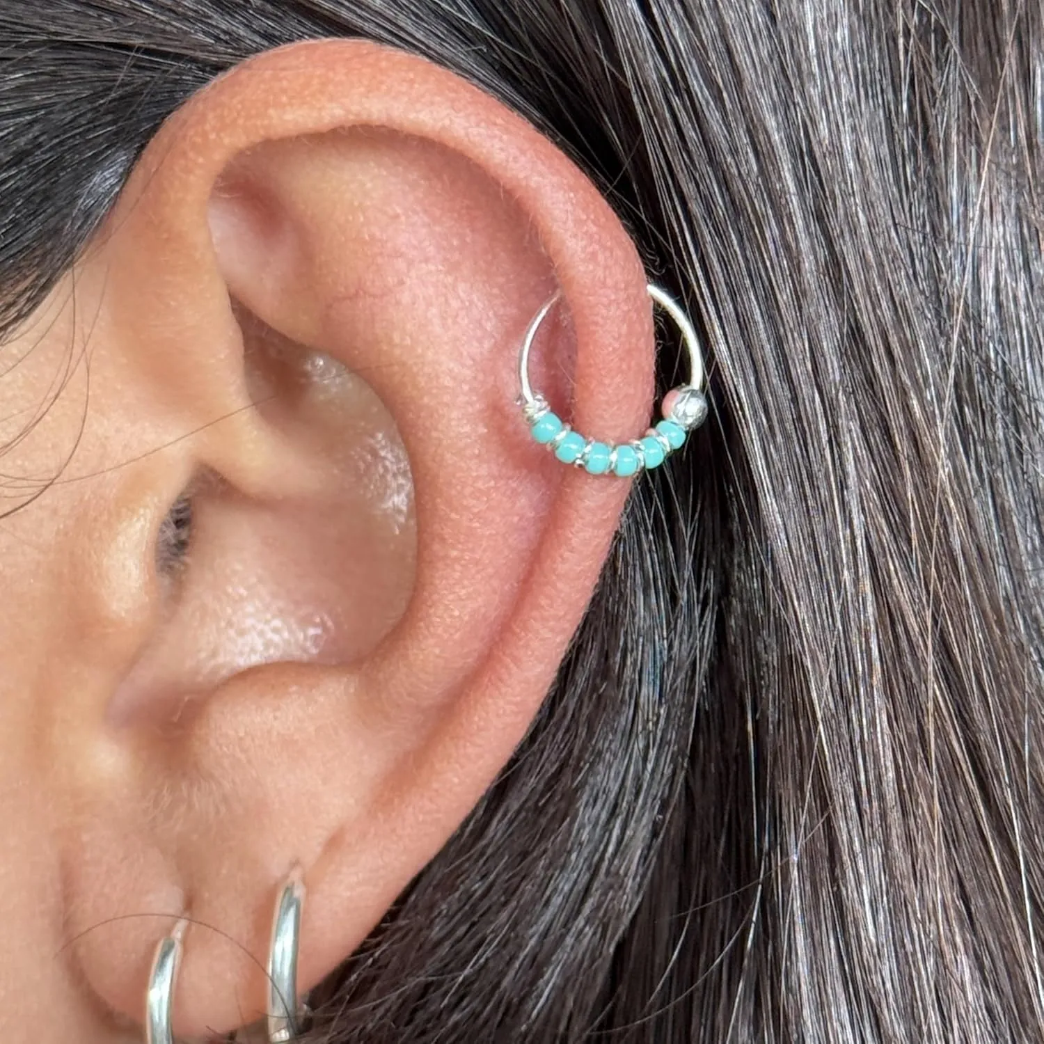 Handmade Silver Pair Small 10MM Cartilgae Helix Piercing Beaded Hoop Earrings, 925 Sterling Silver, Turquoise & White Color Beads Thin 22Gauge Hoops for women (Turquoise&White)