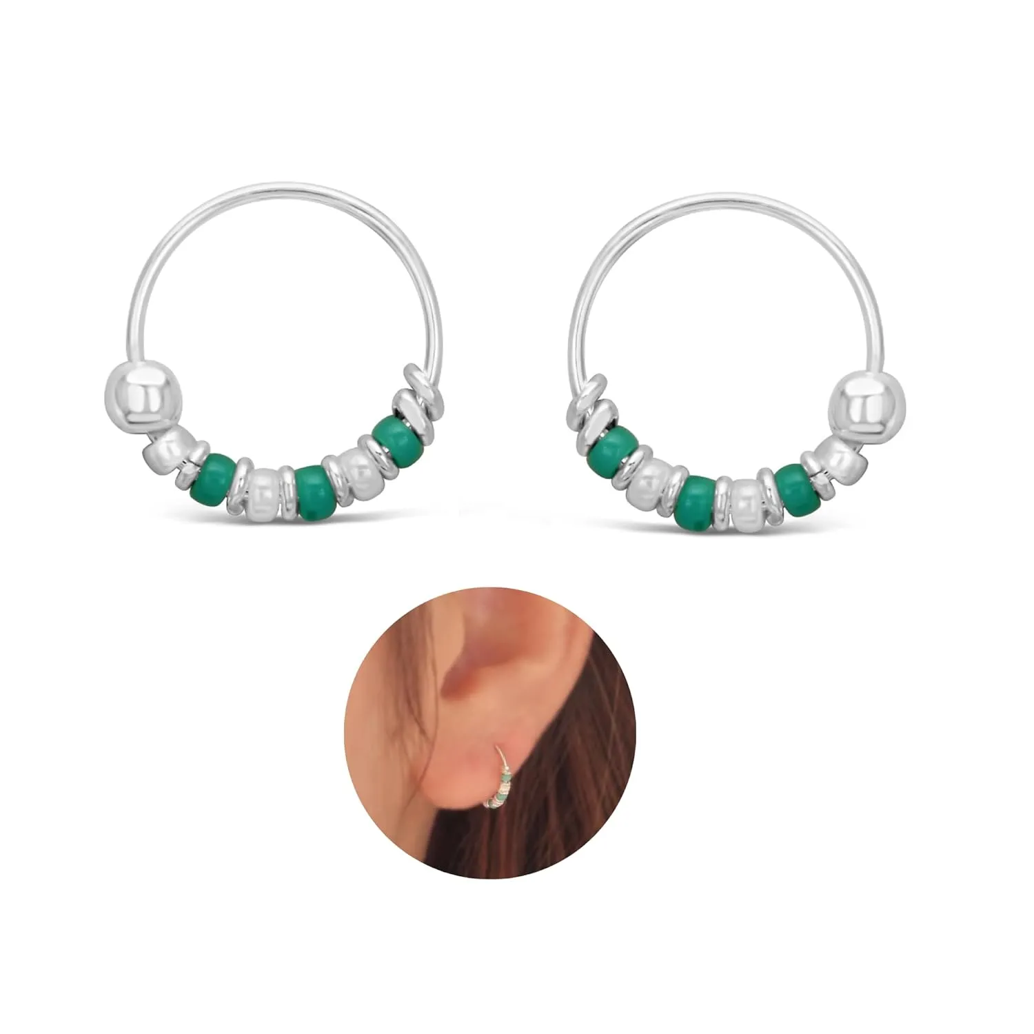 Handmade Silver Pair Small 10MM Cartilgae Helix Piercing Beaded Hoop Earrings, 925 Sterling Silver, Turquoise & White Color Beads Thin 22Gauge Hoops for women (Turquoise&White)