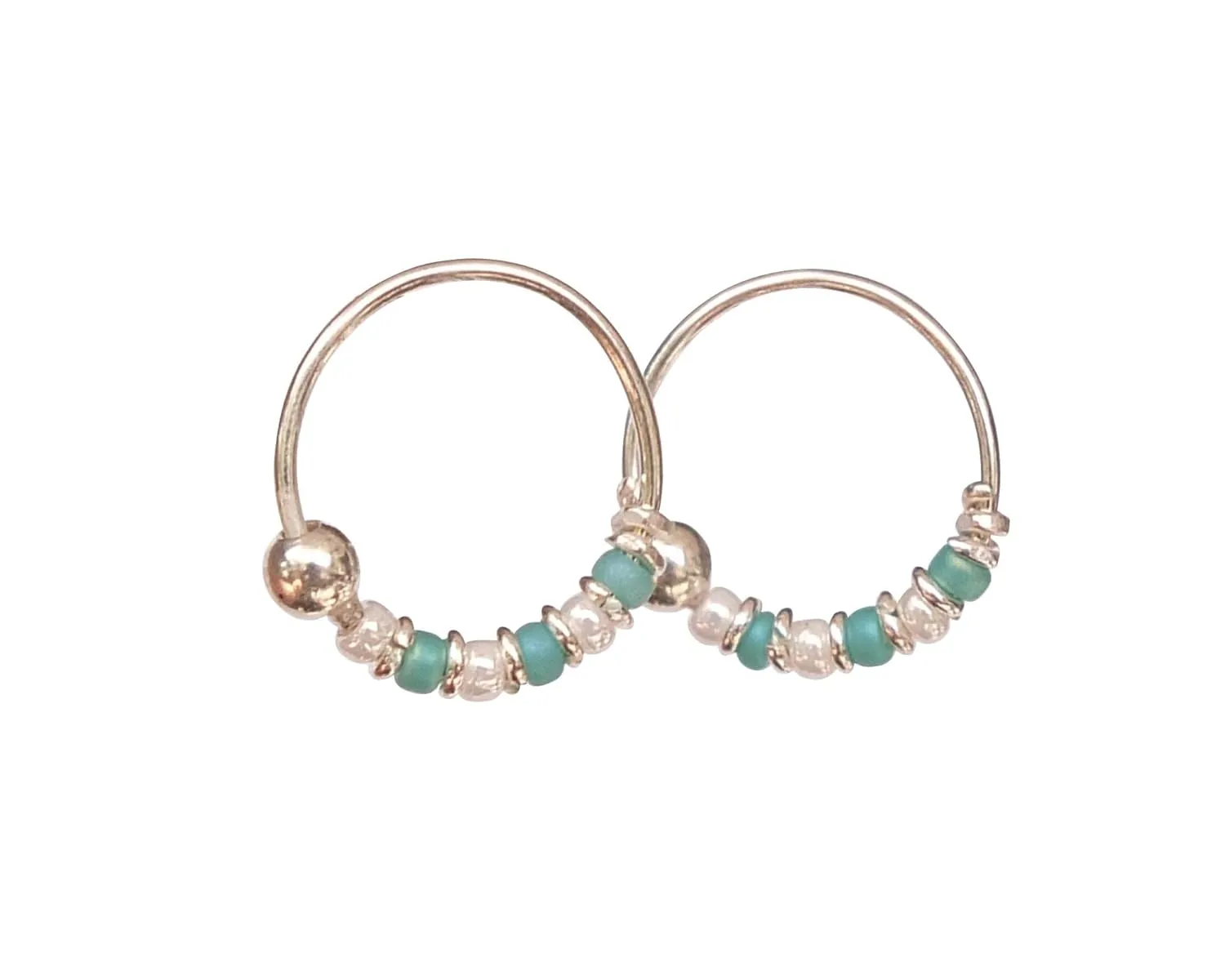 Handmade Silver Pair Small 10MM Cartilgae Helix Piercing Beaded Hoop Earrings, 925 Sterling Silver, Turquoise & White Color Beads Thin 22Gauge Hoops for women (Turquoise&White)