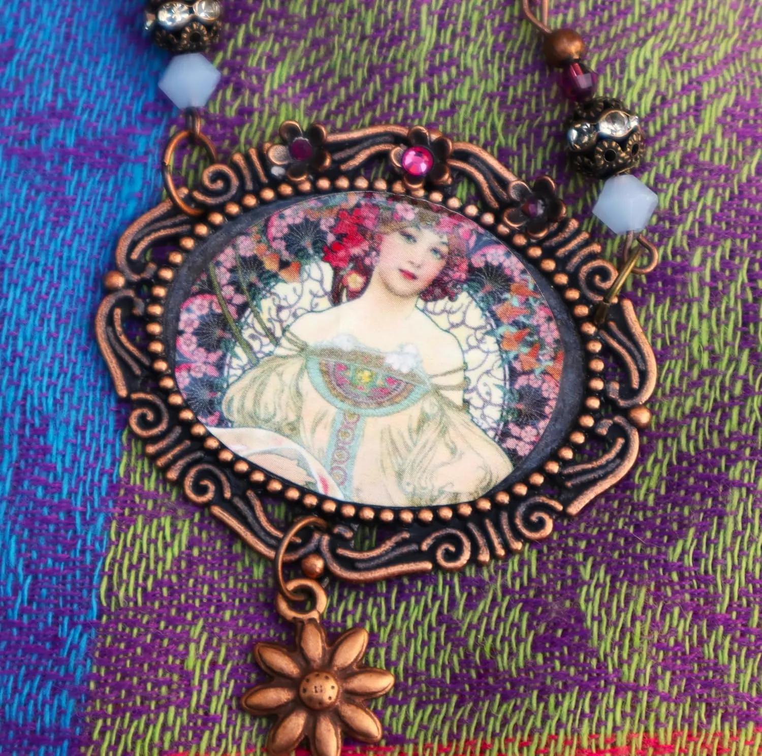 Handmade Vintage Style Art Victorian Nouveau Alphonse Mucha Lady Art Pendant Necklace with Crystal Rhinestones Bohemian Jewelry for Women Teen Girls