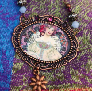 Handmade Vintage Style Art Victorian Nouveau Alphonse Mucha Lady Art Pendant Necklace with Crystal Rhinestones Bohemian Jewelry for Women Teen Girls