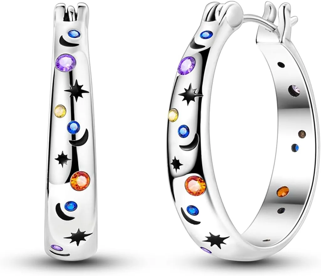 Hapour Sterling Silver Cubic Zirconia Hoop Earrings for Women Teen, Hypoallergenic Rhinestone Huggies Earrings Sparkly Crystal Moon Star Hoops