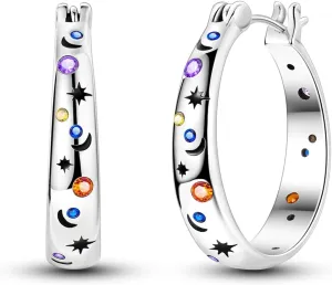 Hapour Sterling Silver Cubic Zirconia Hoop Earrings for Women Teen, Hypoallergenic Rhinestone Huggies Earrings Sparkly Crystal Moon Star Hoops