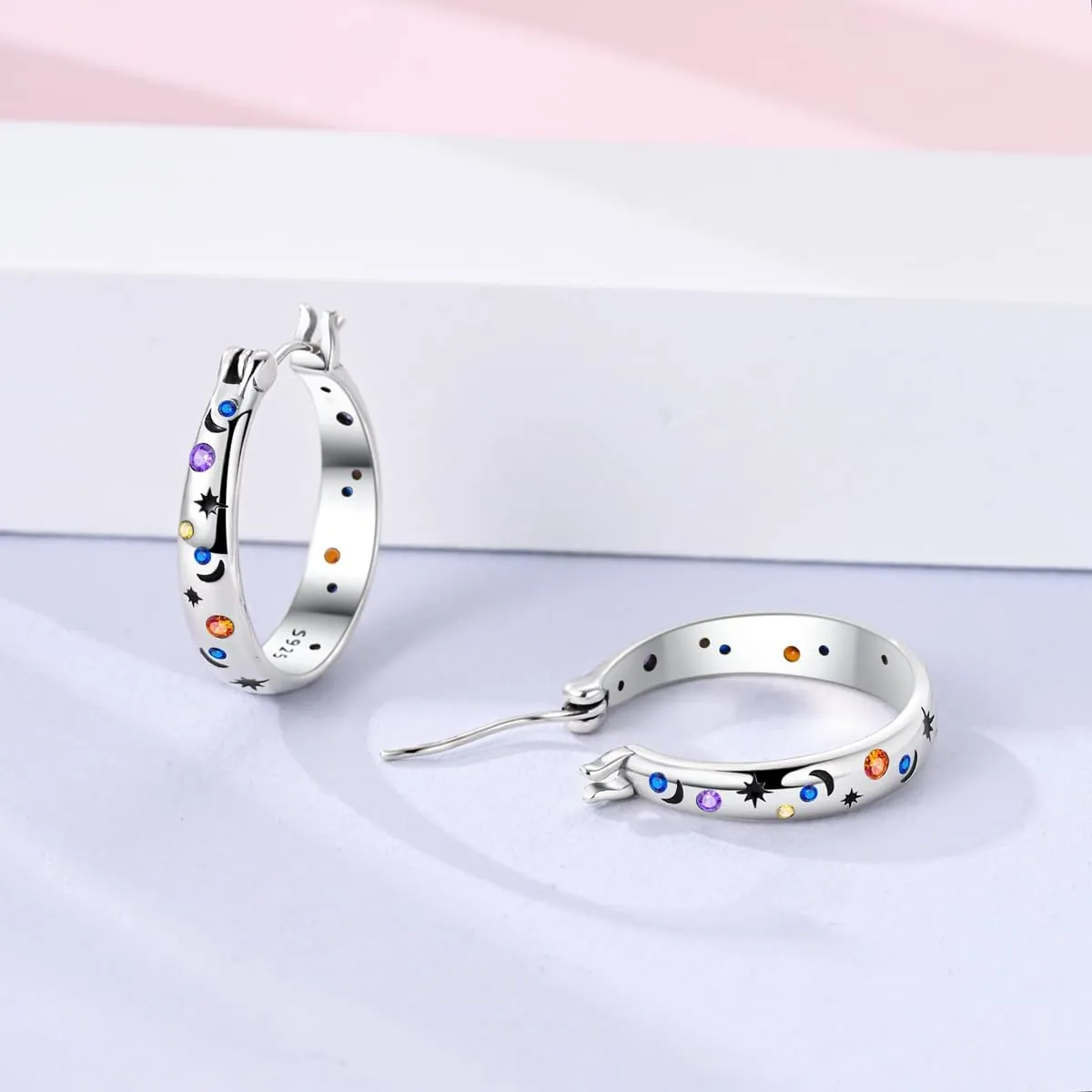 Hapour Sterling Silver Cubic Zirconia Hoop Earrings for Women Teen, Hypoallergenic Rhinestone Huggies Earrings Sparkly Crystal Moon Star Hoops