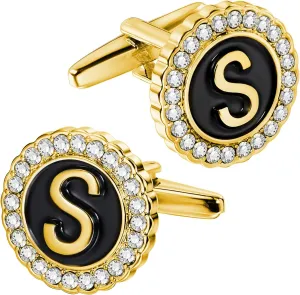 HAWSON A-Z Initial Cufflinks for Men and Women with Clear Crystal, Gold Silver Color Rasied Letter A-Z Cuff Links for French Shirt, Gift for Normal and Business Wearing
