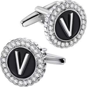 HAWSON A-Z Initial Cufflinks for Men and Women with Clear Crystal, Gold Silver Color Rasied Letter A-Z Cuff Links for French Shirt, Gift for Normal and Business Wearing