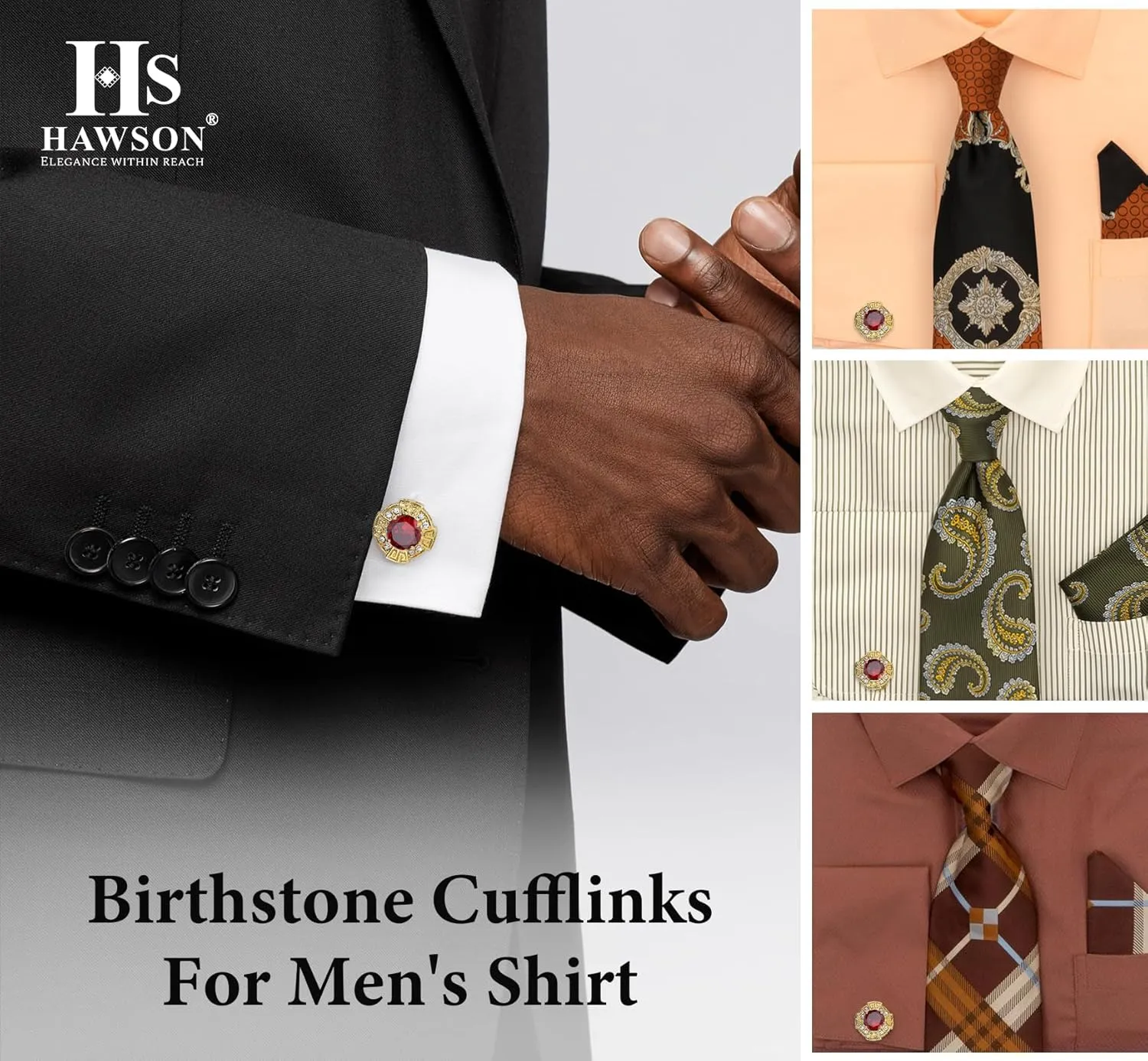 HAWSON Birthstone Cufflinks for Men with Gift Box, Gold Tone Cuff Links for Men's Dress Shirts and French Cuff Shirts on Wedding Birthday Party Anniversary