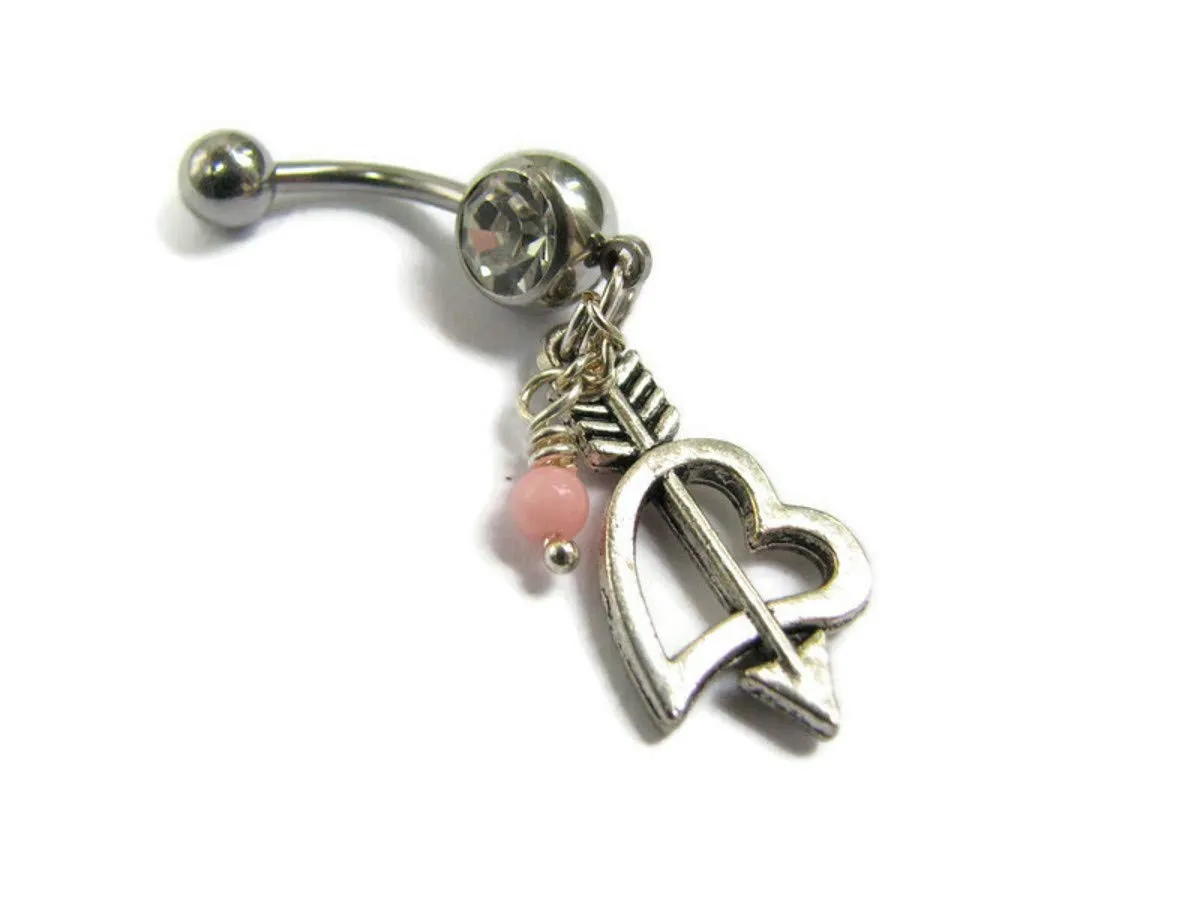 Heart and Arrow Belly Button Ring with Coral Bead Dangle
