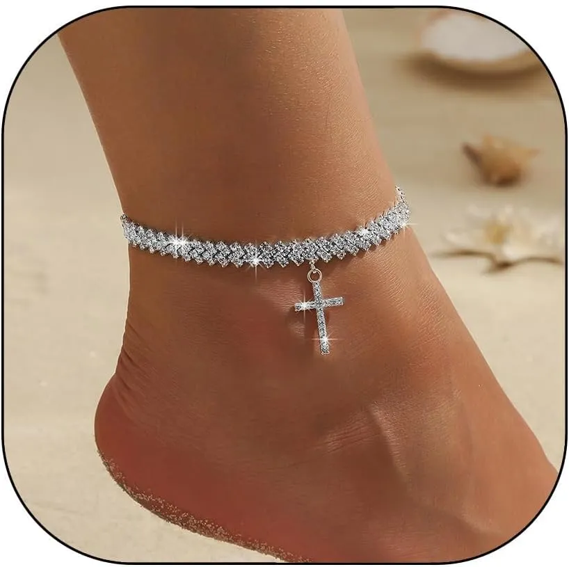 Heart Rhinestone Anklet Bracelets Adjustable Silver Shiny Tennis Anklets Twinkle Cubic Zircon Diamond Anklet Foot Chain Crystal Anklet Beach Jewelry for Summer Beach