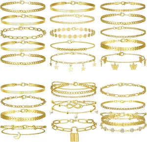 Henoyso 25 Pcs Gold Ankle Bracelets for Women Waterproof Cuban Link Chain Anklets Stackable Jewelry for Women Beach Gift