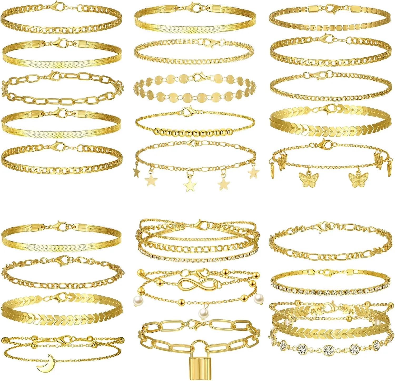 Henoyso 25 Pcs Gold Ankle Bracelets for Women Waterproof Cuban Link Chain Anklets Stackable Jewelry for Women Beach Gift
