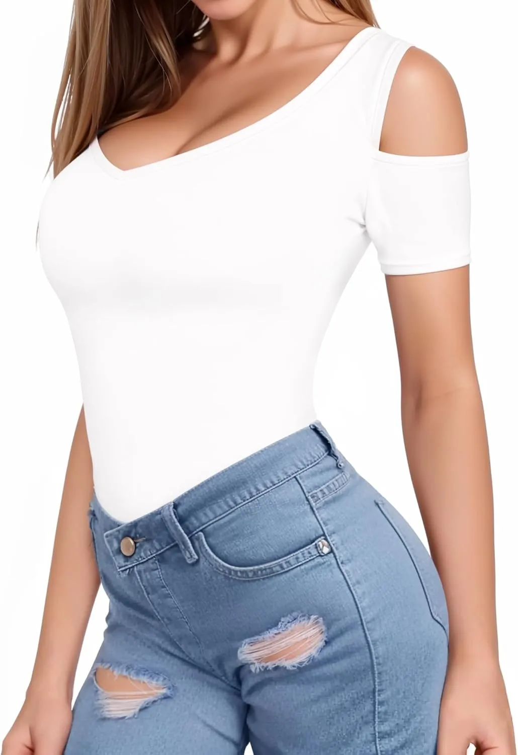 HERLOLLYCHIPS Women Tops Summer Deep V Neck Short Sleeve Cold Shoulder Slim Fit Casual Sexy Tees T-Shirts