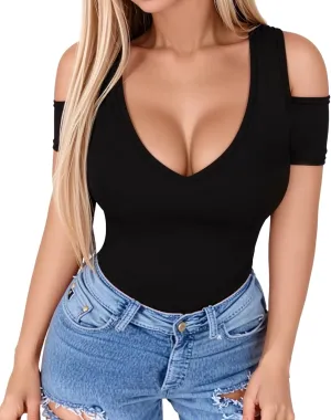 HERLOLLYCHIPS Women Tops Summer Deep V Neck Short Sleeve Cold Shoulder Slim Fit Casual Sexy Tees T-Shirts