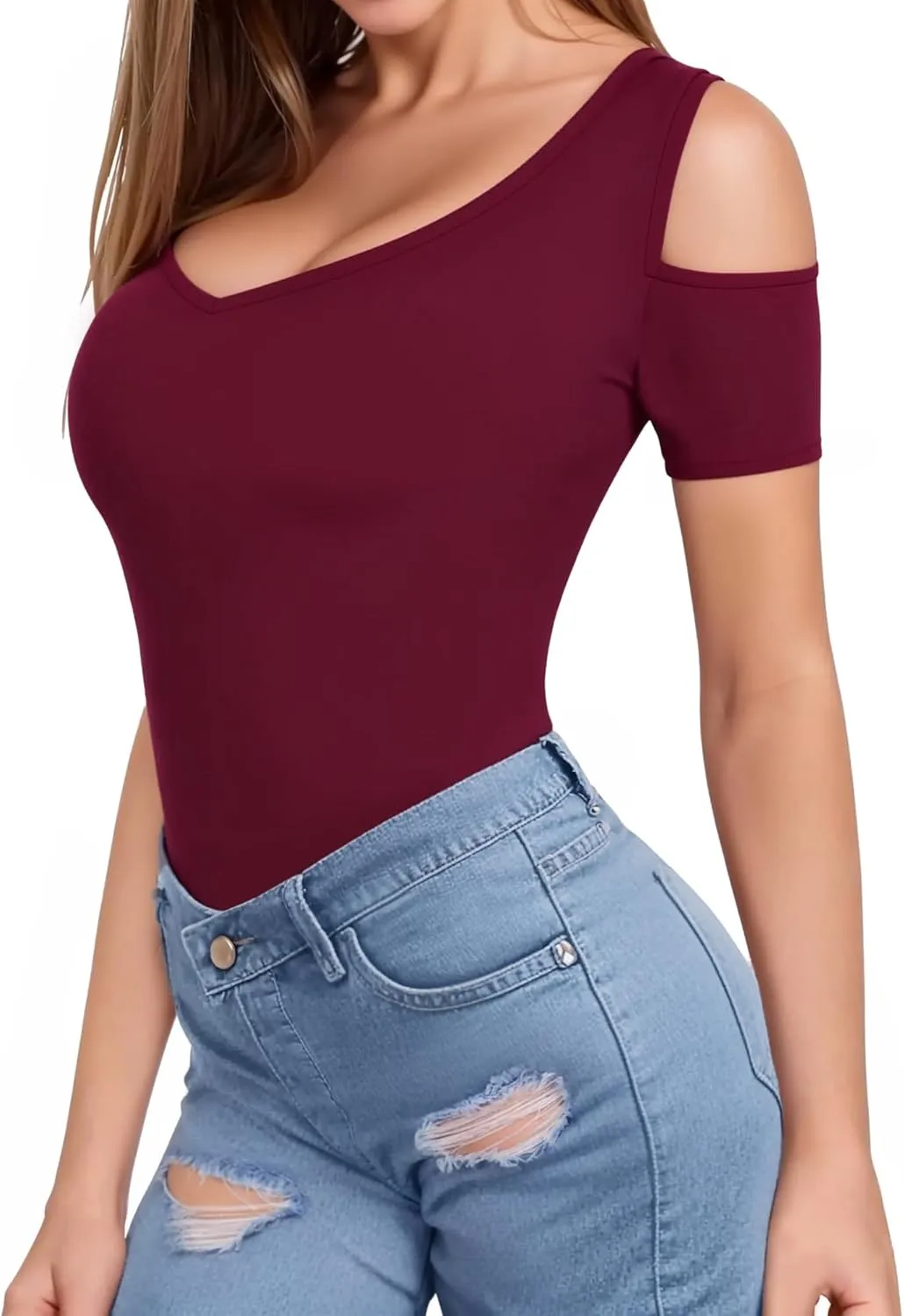 HERLOLLYCHIPS Women Tops Summer Deep V Neck Short Sleeve Cold Shoulder Slim Fit Casual Sexy Tees T-Shirts