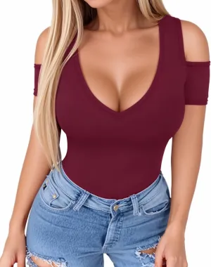 HERLOLLYCHIPS Women Tops Summer Deep V Neck Short Sleeve Cold Shoulder Slim Fit Casual Sexy Tees T-Shirts