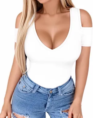 HERLOLLYCHIPS Women Tops Summer Deep V Neck Short Sleeve Cold Shoulder Slim Fit Casual Sexy Tees T-Shirts