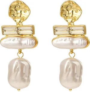 HETICA Gold Pearl Drop Dangle Earrings for Women, Baroque White Big Pearl Drop Earrings Engaged Wedding Bridesmaid Hanging Jewelry Gifts for Women