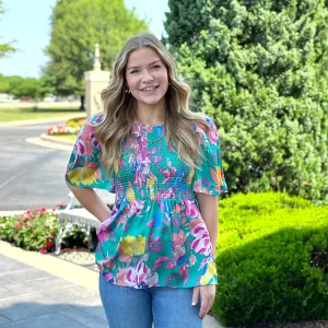 Hibiscus Blooms Top Turquoise