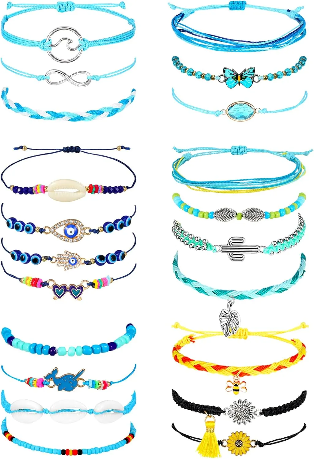 Hicarer 21 Pieces Surfer Wave Bracelet Ocean Wave Adjustable Waterproof Handmade Friendship Bracelet Anklet Jewelry for Women