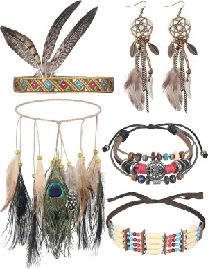 Hicarer 5 Pieces Indian Native American Jewelry Set Includes Feather Headdress Faux Peacock Feather Hair Band Boho Dream Catcher Dangle Earrings Choker Necklace Bracelet for Women Catcher Tassel