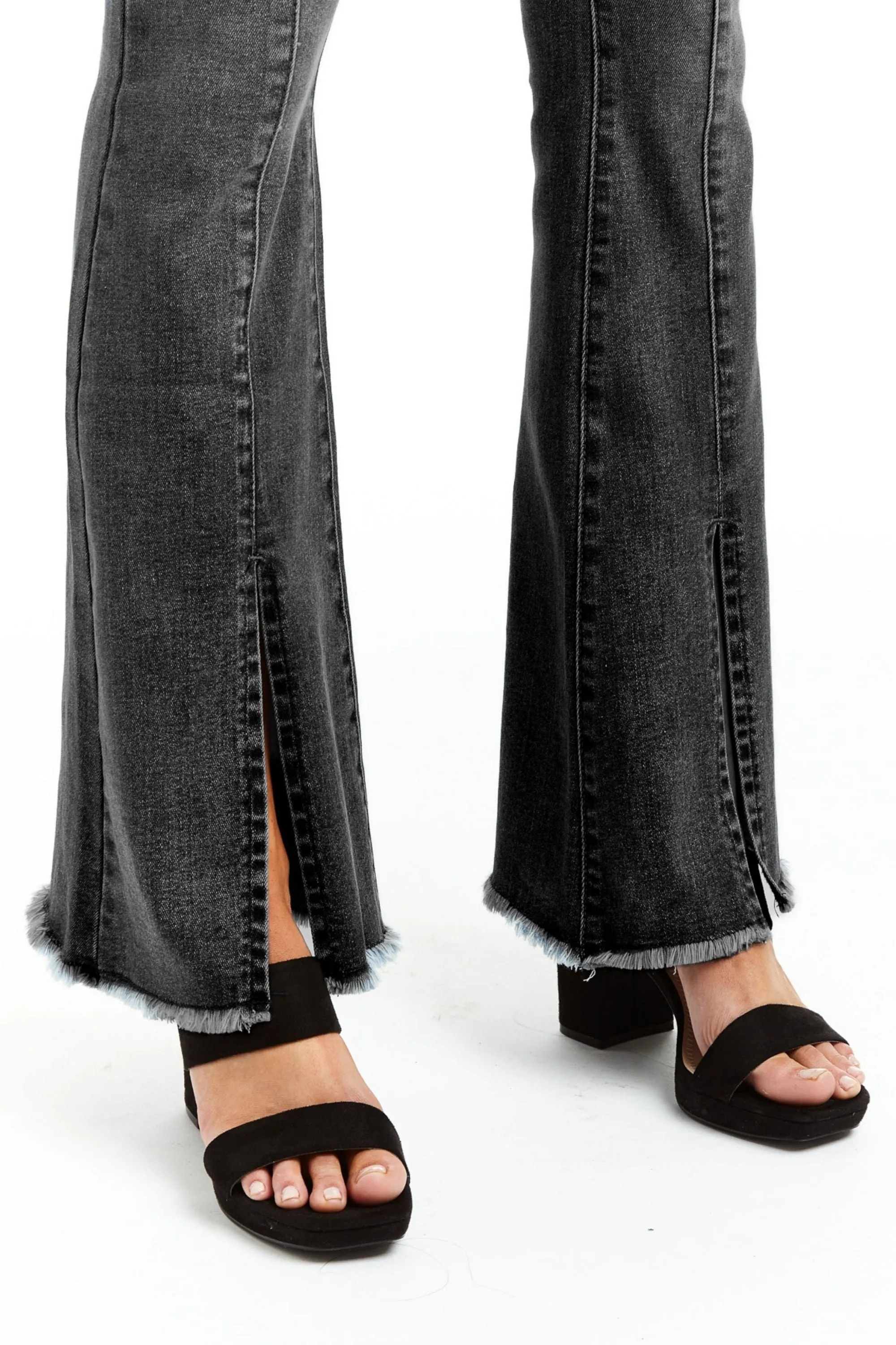 High Rise Front Zip Pocket Sexy Flare With Slit Fray Hem - Black Wash