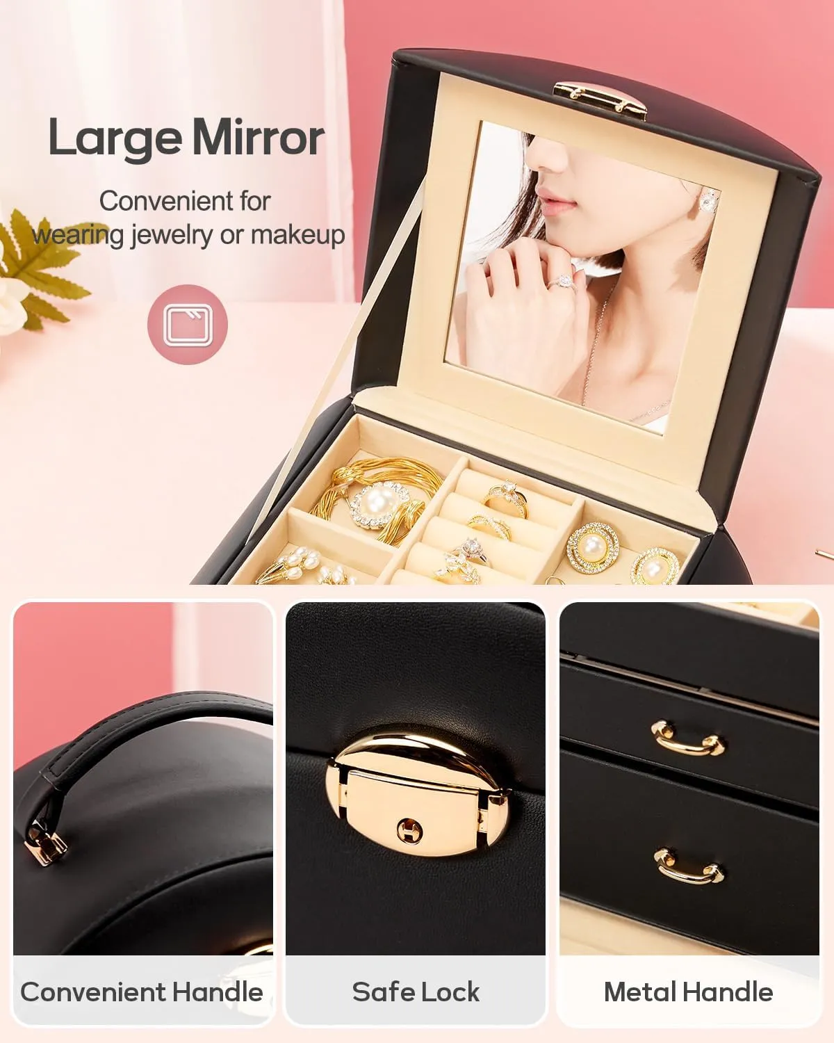 Homde Girls Jewelry Box Jewelry Storage Case Organizer with Mirror for Rings, Earrings, Bracelets, Necklaces (Black   Gold)