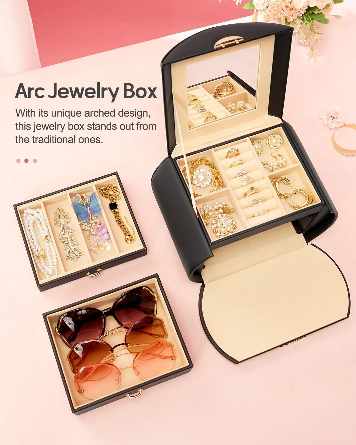 Homde Girls Jewelry Box Jewelry Storage Case Organizer with Mirror for Rings, Earrings, Bracelets, Necklaces (Black   Gold)