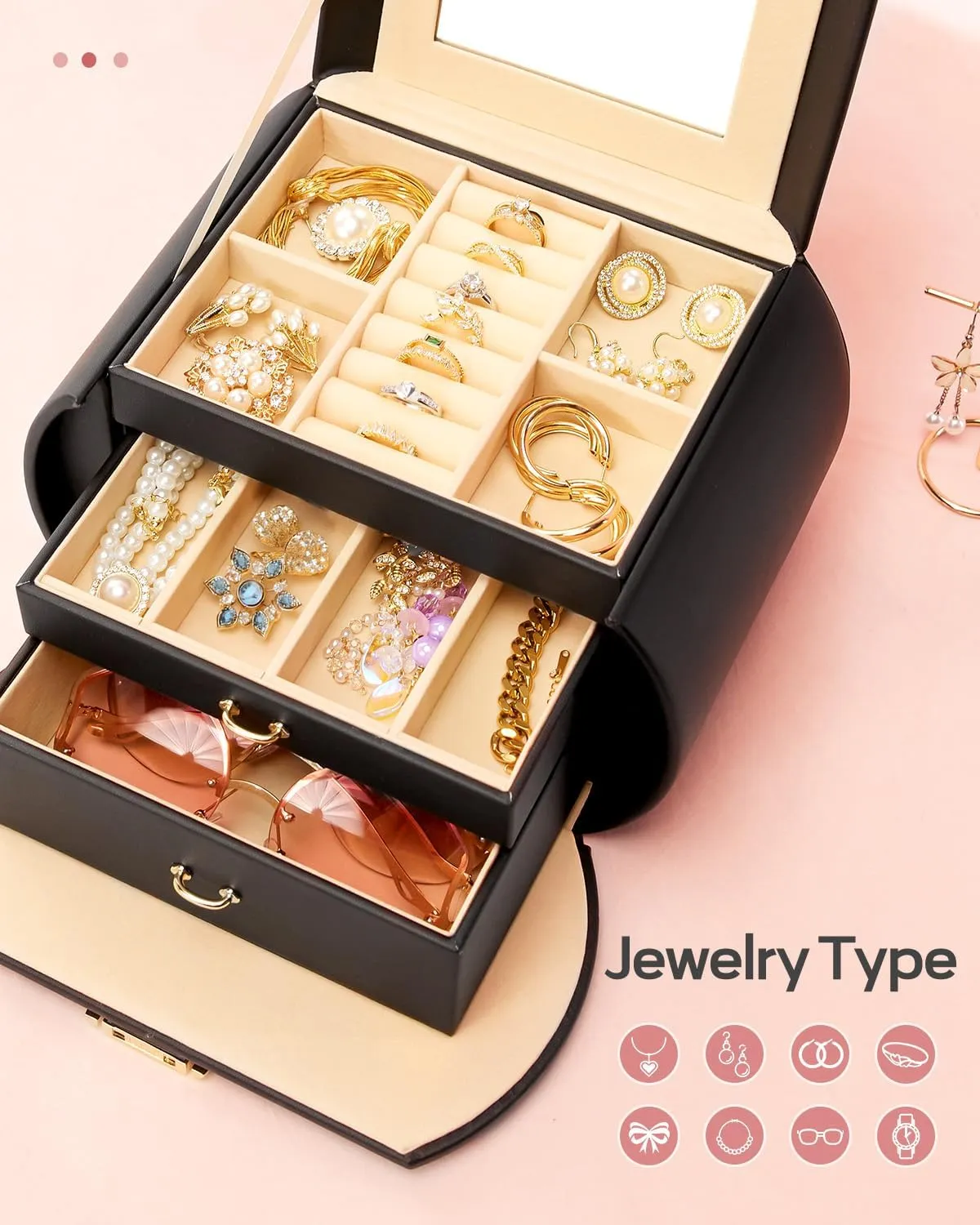Homde Girls Jewelry Box Jewelry Storage Case Organizer with Mirror for Rings, Earrings, Bracelets, Necklaces (Black   Gold)