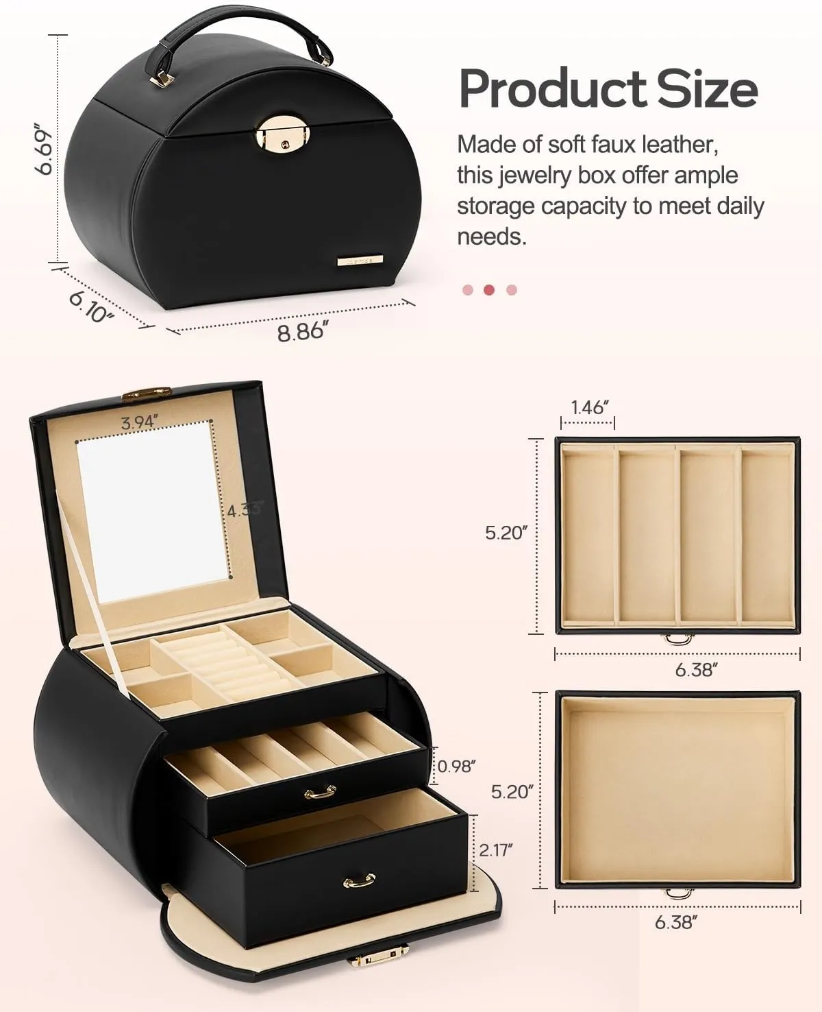 Homde Girls Jewelry Box Jewelry Storage Case Organizer with Mirror for Rings, Earrings, Bracelets, Necklaces (Black   Gold)