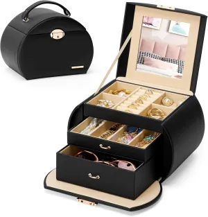 Homde Girls Jewelry Box Jewelry Storage Case Organizer with Mirror for Rings, Earrings, Bracelets, Necklaces (Black   Gold)