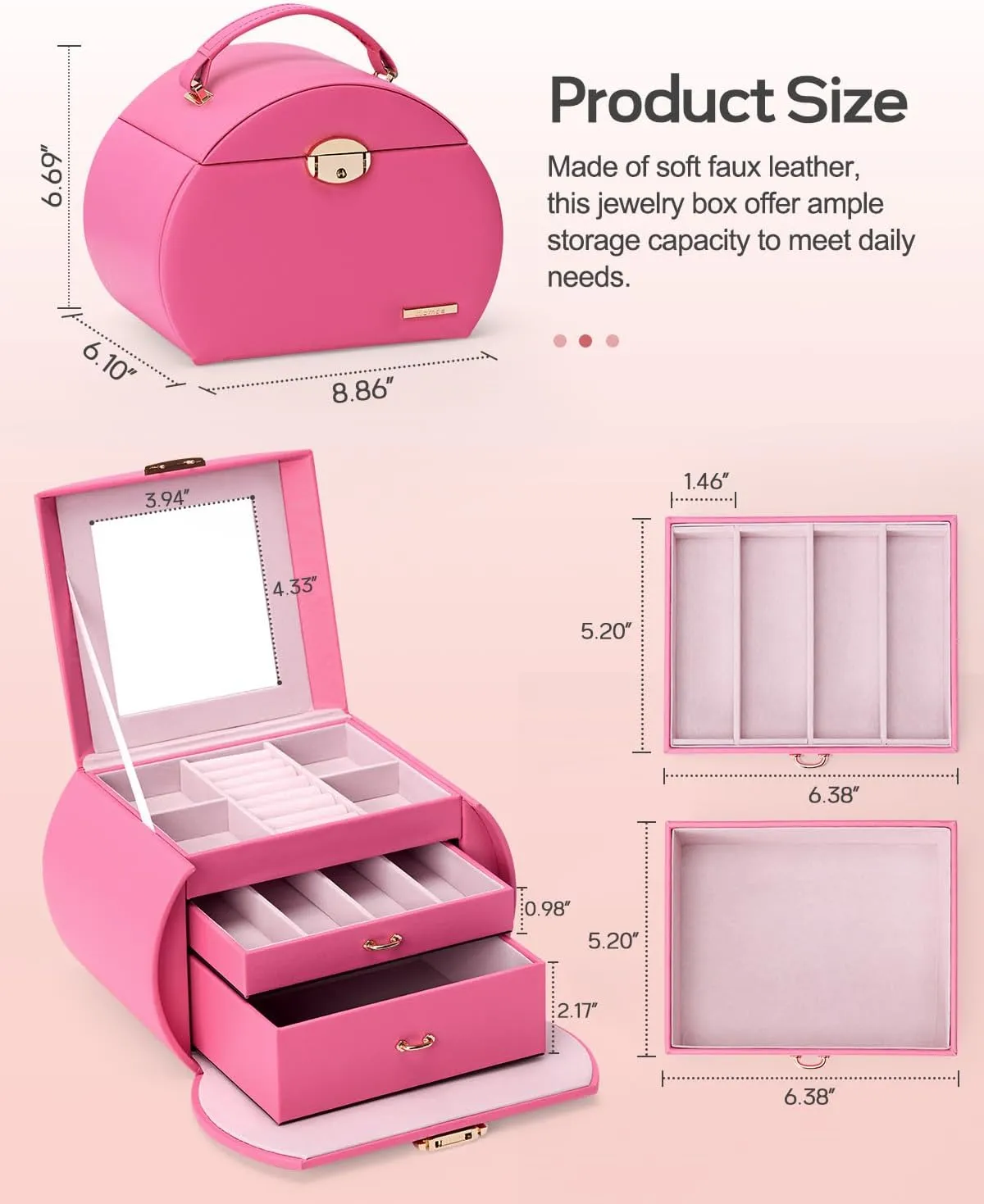 Homde Girls Jewelry Box Jewelry Storage Case Organizer with Mirror for Rings, Earrings, Bracelets, Necklaces (Pink   Gold)