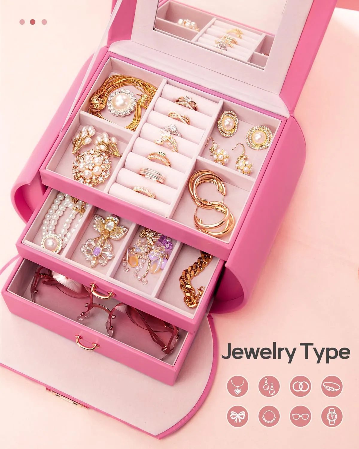 Homde Girls Jewelry Box Jewelry Storage Case Organizer with Mirror for Rings, Earrings, Bracelets, Necklaces (Pink   Gold)