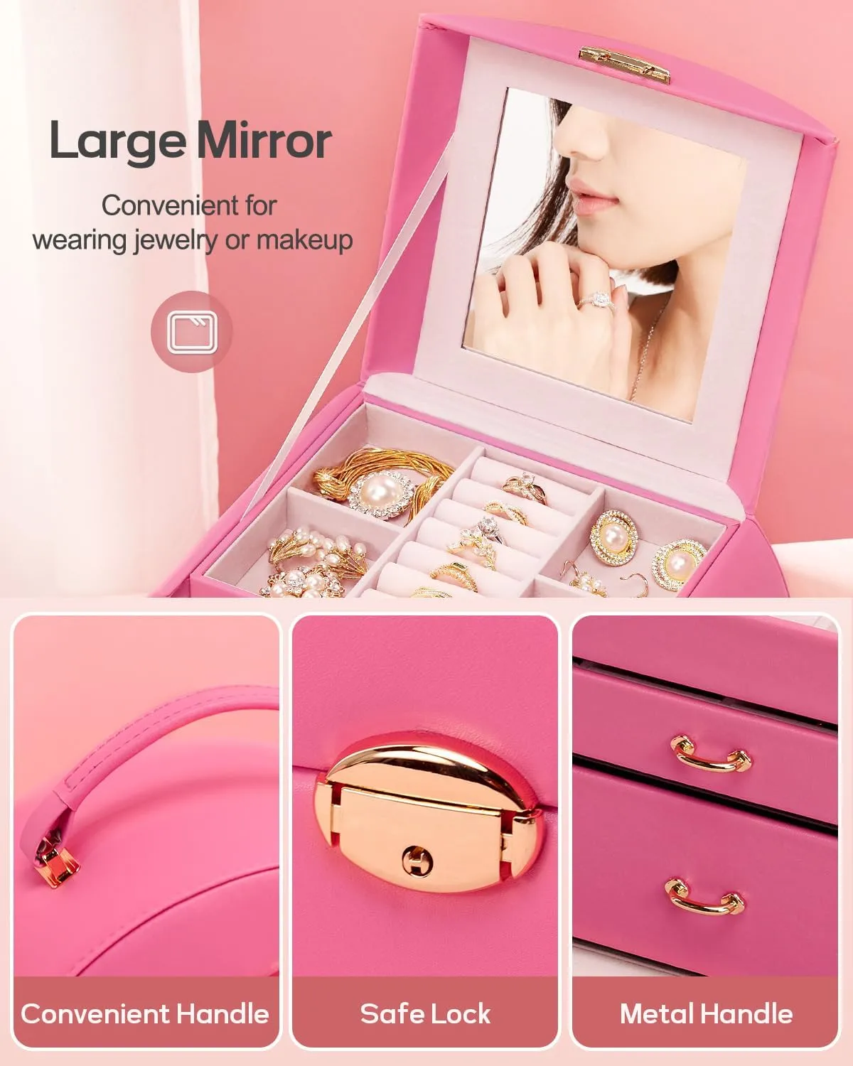 Homde Girls Jewelry Box Jewelry Storage Case Organizer with Mirror for Rings, Earrings, Bracelets, Necklaces (Pink   Gold)