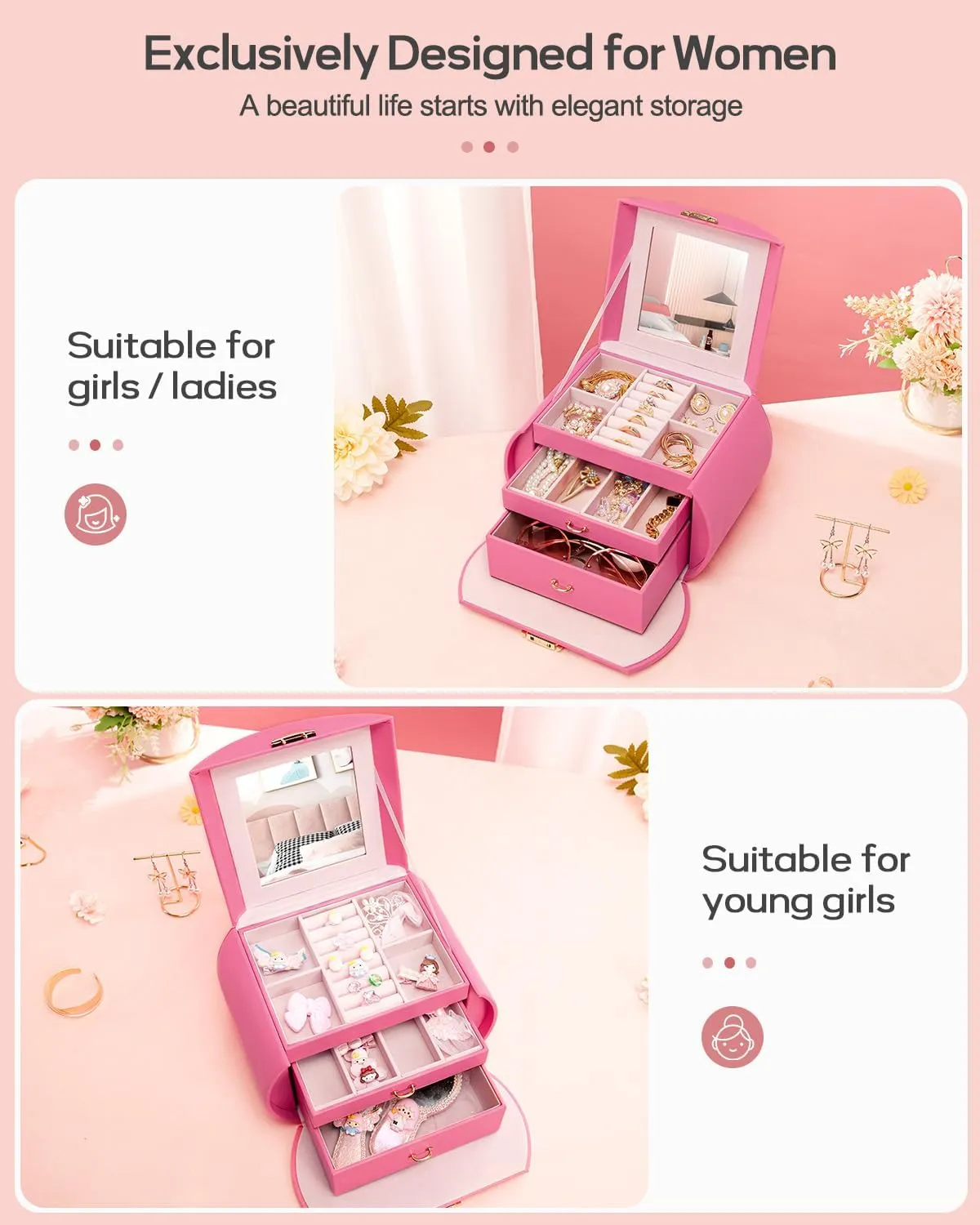 Homde Girls Jewelry Box Jewelry Storage Case Organizer with Mirror for Rings, Earrings, Bracelets, Necklaces (Pink   Gold)