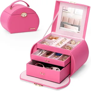 Homde Girls Jewelry Box Jewelry Storage Case Organizer with Mirror for Rings, Earrings, Bracelets, Necklaces (Pink   Gold)