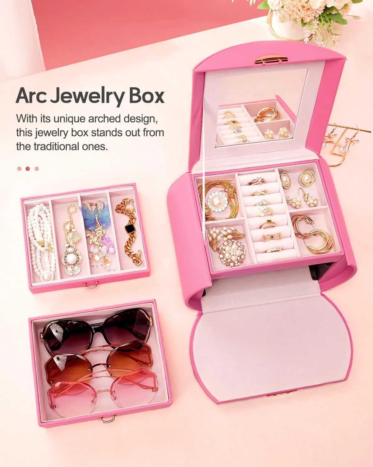Homde Girls Jewelry Box Jewelry Storage Case Organizer with Mirror for Rings, Earrings, Bracelets, Necklaces (Pink   Gold)