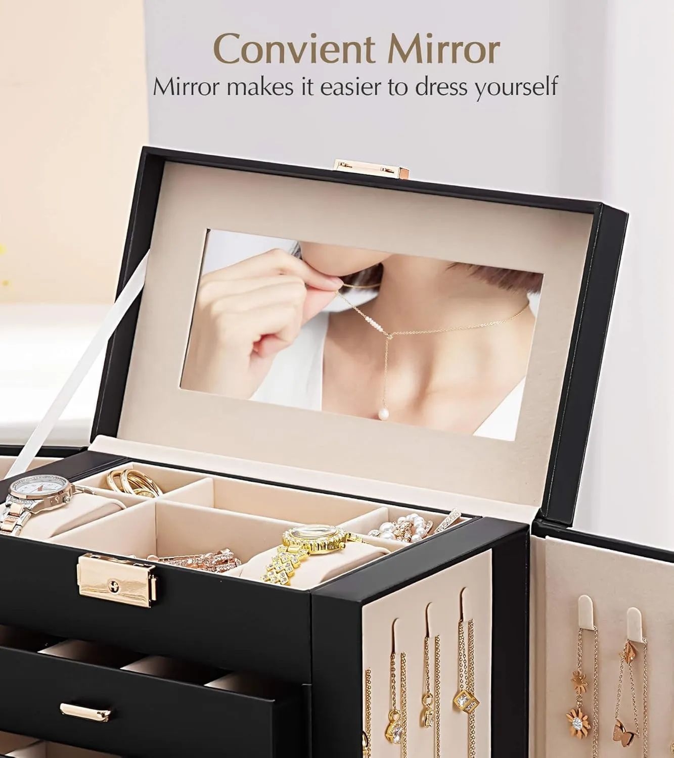 Homde Jewelry Box Large for Women: 6 Layers 5 Drawers Organizer with Mirror for Ring Earring Necklace - Storage Holder with Lock for Dresser (Black)