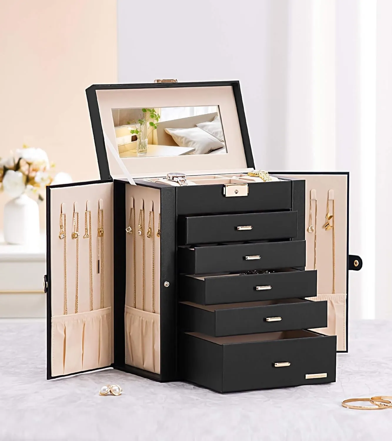 Homde Jewelry Box Large for Women: 6 Layers 5 Drawers Organizer with Mirror for Ring Earring Necklace - Storage Holder with Lock for Dresser (Black)