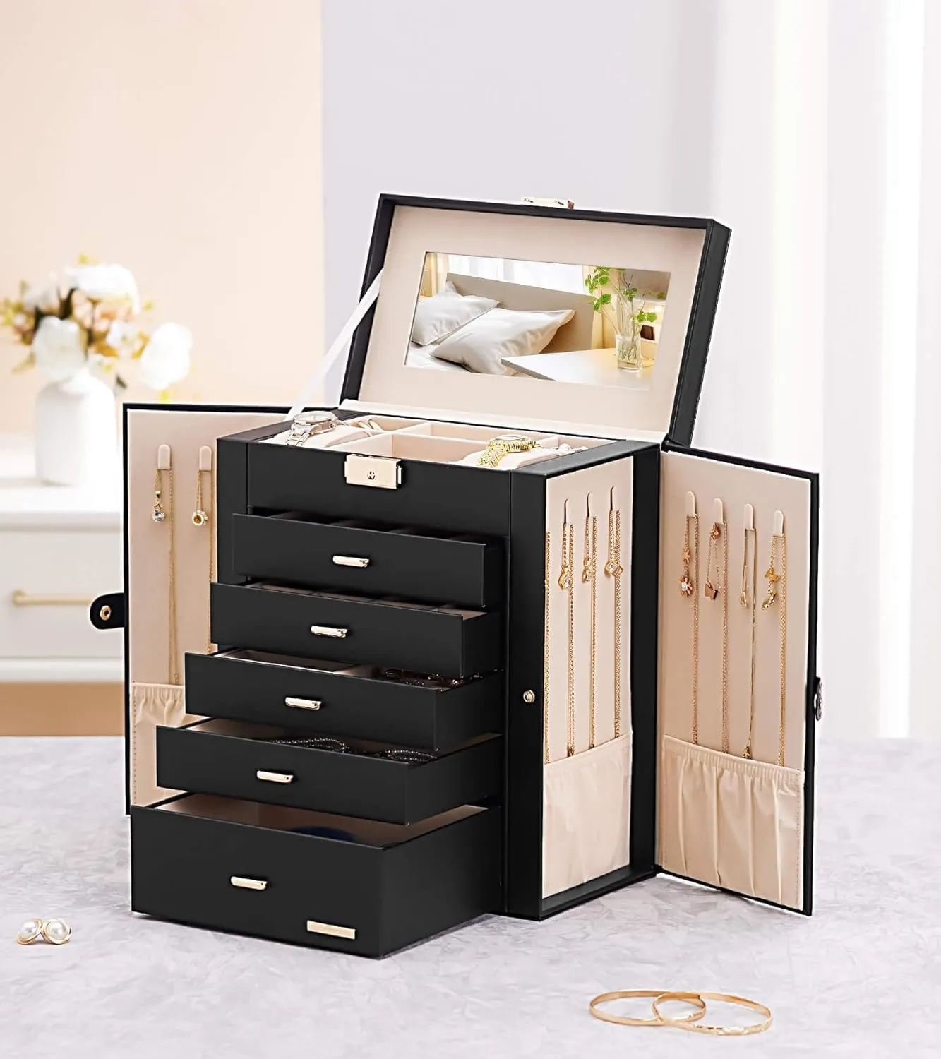 Homde Jewelry Box Large for Women: 6 Layers 5 Drawers Organizer with Mirror for Ring Earring Necklace - Storage Holder with Lock for Dresser (Black)