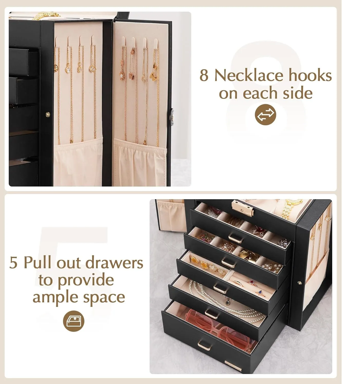 Homde Jewelry Box Large for Women: 6 Layers 5 Drawers Organizer with Mirror for Ring Earring Necklace - Storage Holder with Lock for Dresser (Black)