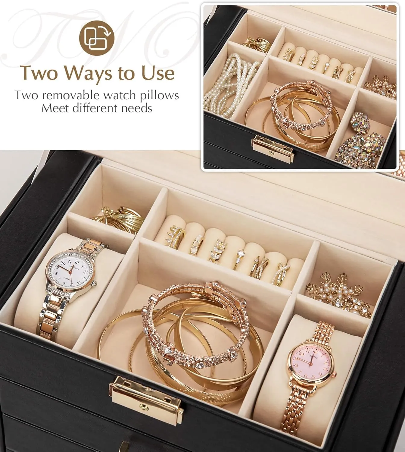 Homde Jewelry Box Large for Women: 6 Layers 5 Drawers Organizer with Mirror for Ring Earring Necklace - Storage Holder with Lock for Dresser (Black)