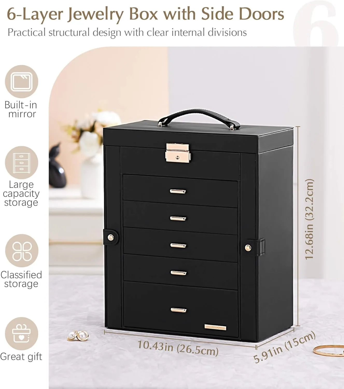 Homde Jewelry Box Large for Women: 6 Layers 5 Drawers Organizer with Mirror for Ring Earring Necklace - Storage Holder with Lock for Dresser (Black)
