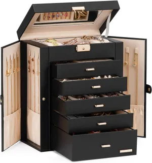 Homde Jewelry Box Large for Women: 6 Layers 5 Drawers Organizer with Mirror for Ring Earring Necklace - Storage Holder with Lock for Dresser (Black)