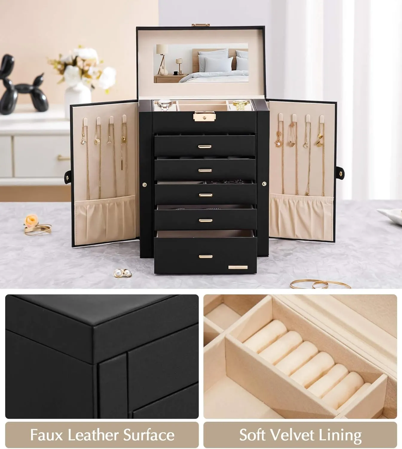 Homde Jewelry Box Large for Women: 6 Layers 5 Drawers Organizer with Mirror for Ring Earring Necklace - Storage Holder with Lock for Dresser (Black)