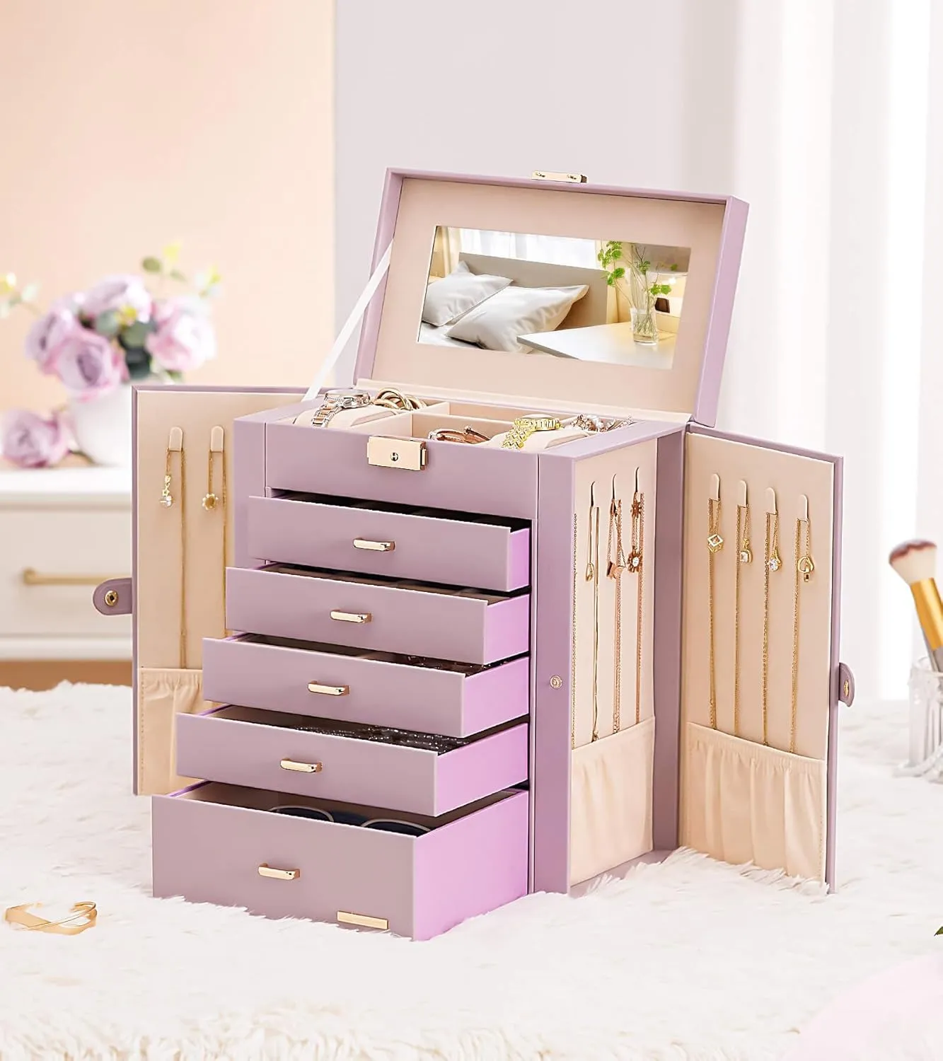 Homde Jewelry Box Large for Women: 6 Layers 5 Drawers Organizer with Mirror for Ring Earring Necklace - Storage Holder with Lock for Dresser (Gray Purlpe)